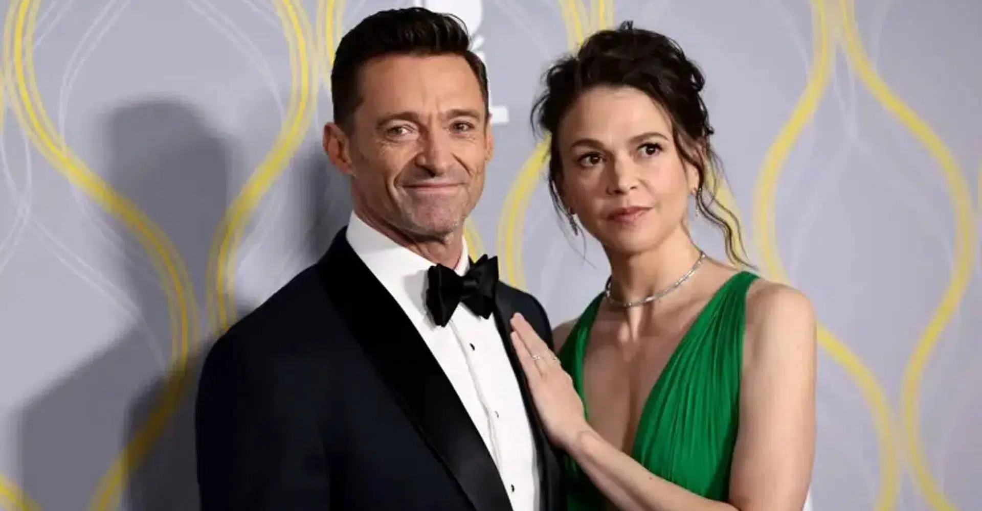 Hugh Jackman and Sutton Foster smiling on Broadway red carpet, Hugh Jackman Sutton Foster romance sparks buzz