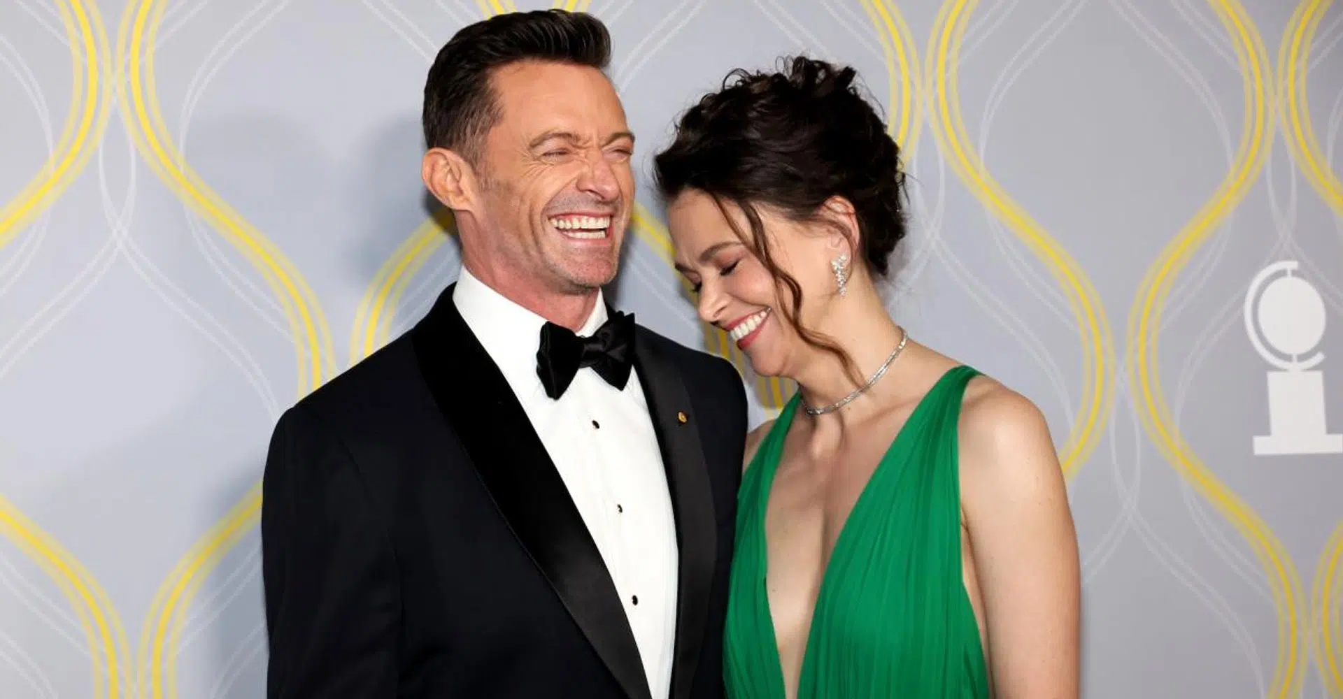Hugh Jackman and Sutton Foster smiling on Broadway red carpet, Hugh Jackman Sutton Foster romance sparks buzz