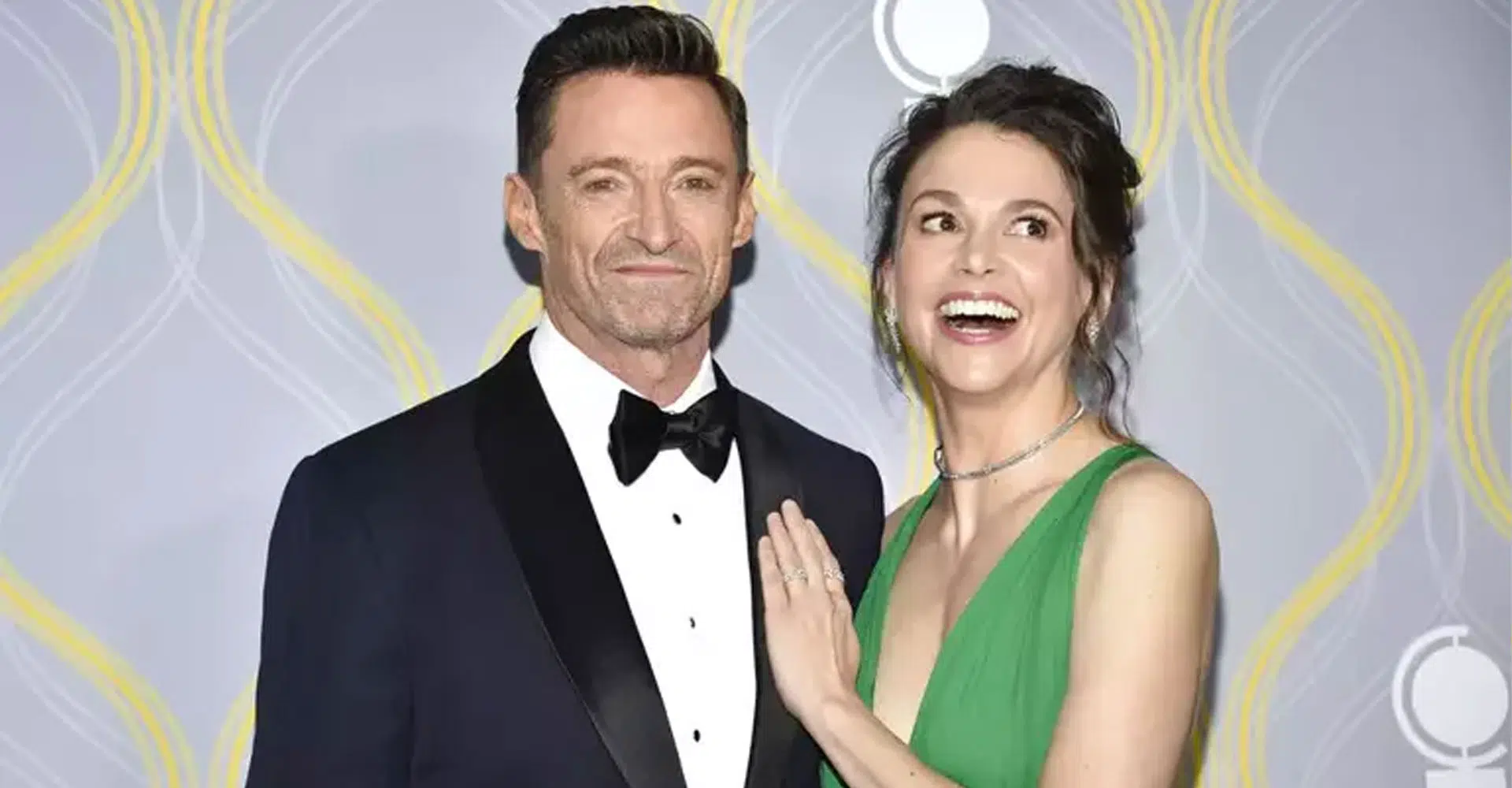 Hugh Jackman and Sutton Foster smiling on Broadway red carpet, Hugh Jackman Sutton Foster romance sparks buzz