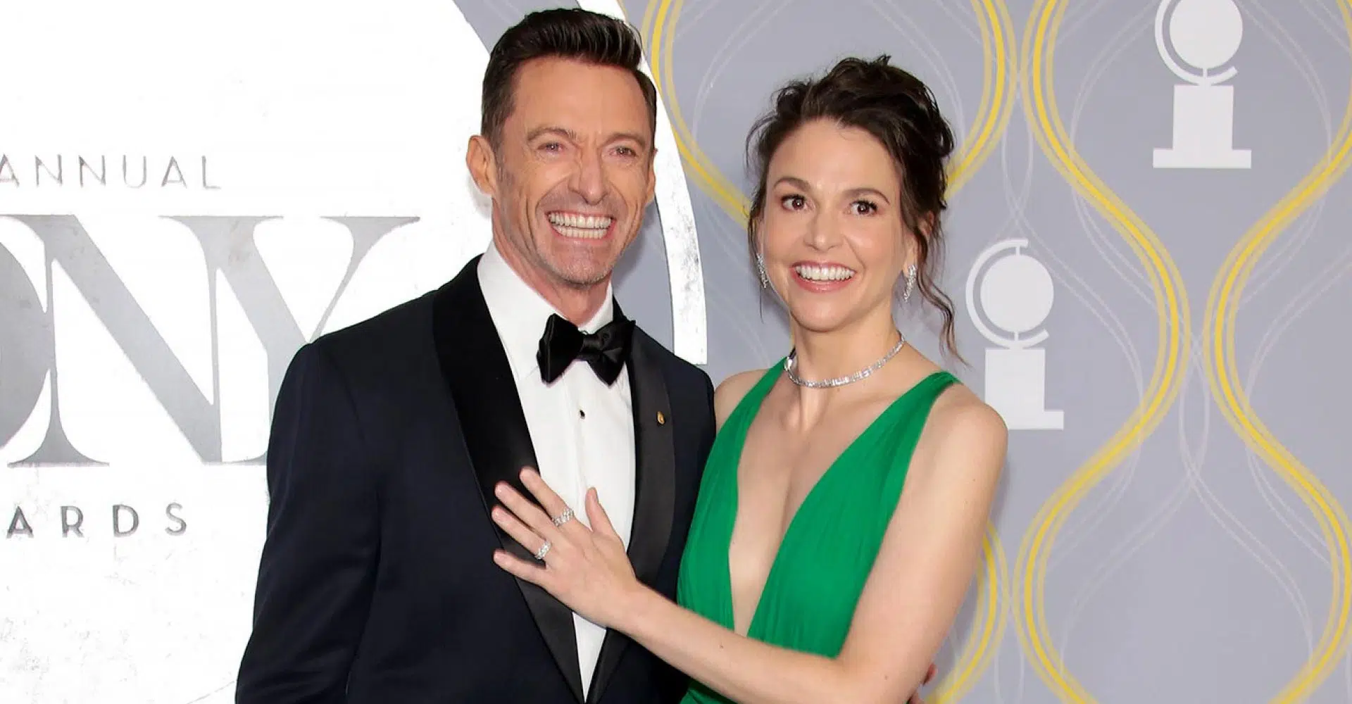 Hugh Jackman and Sutton Foster smiling on Broadway red carpet, Hugh Jackman Sutton Foster romance sparks buzz