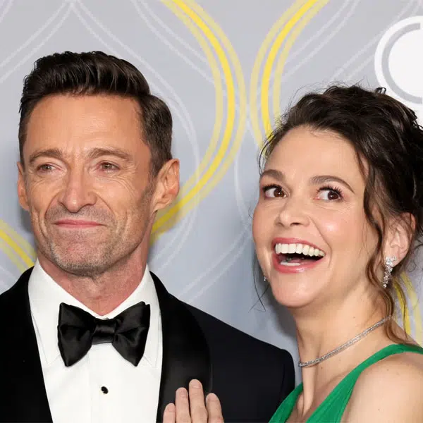 Hugh Jackman and Sutton Foster smiling on Broadway red carpet, Hugh Jackman Sutton Foster romance sparks buzz